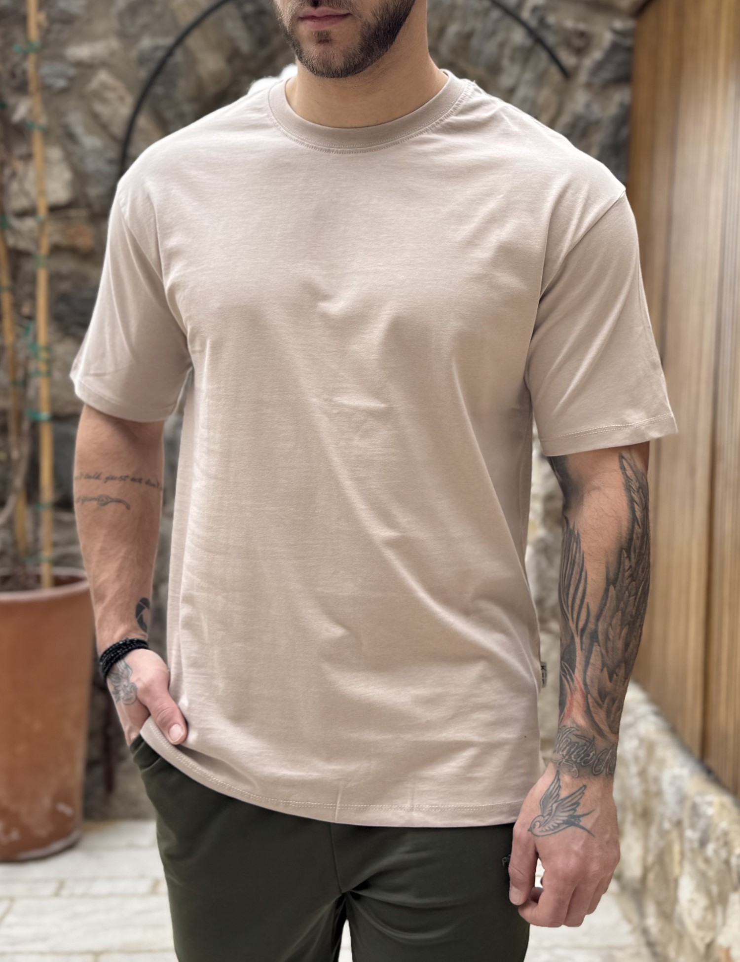 Ανδρική βαμβακερή μπεζ κοντομάνικη Oversized μπλούζα KEF2622B